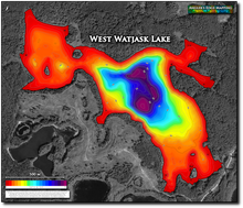 Load image into Gallery viewer, Bathymetric map of West Watjask Lake with color gradient indicating depth.
